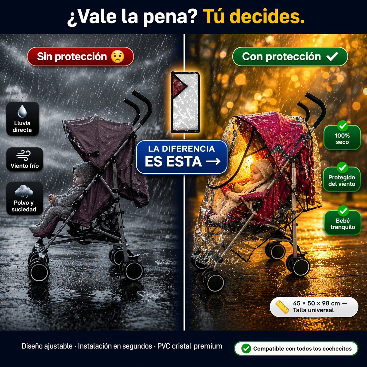Protector de Lluvia para Coche de Bebé Universal – Cobertor PVC Transparente Impermeable
